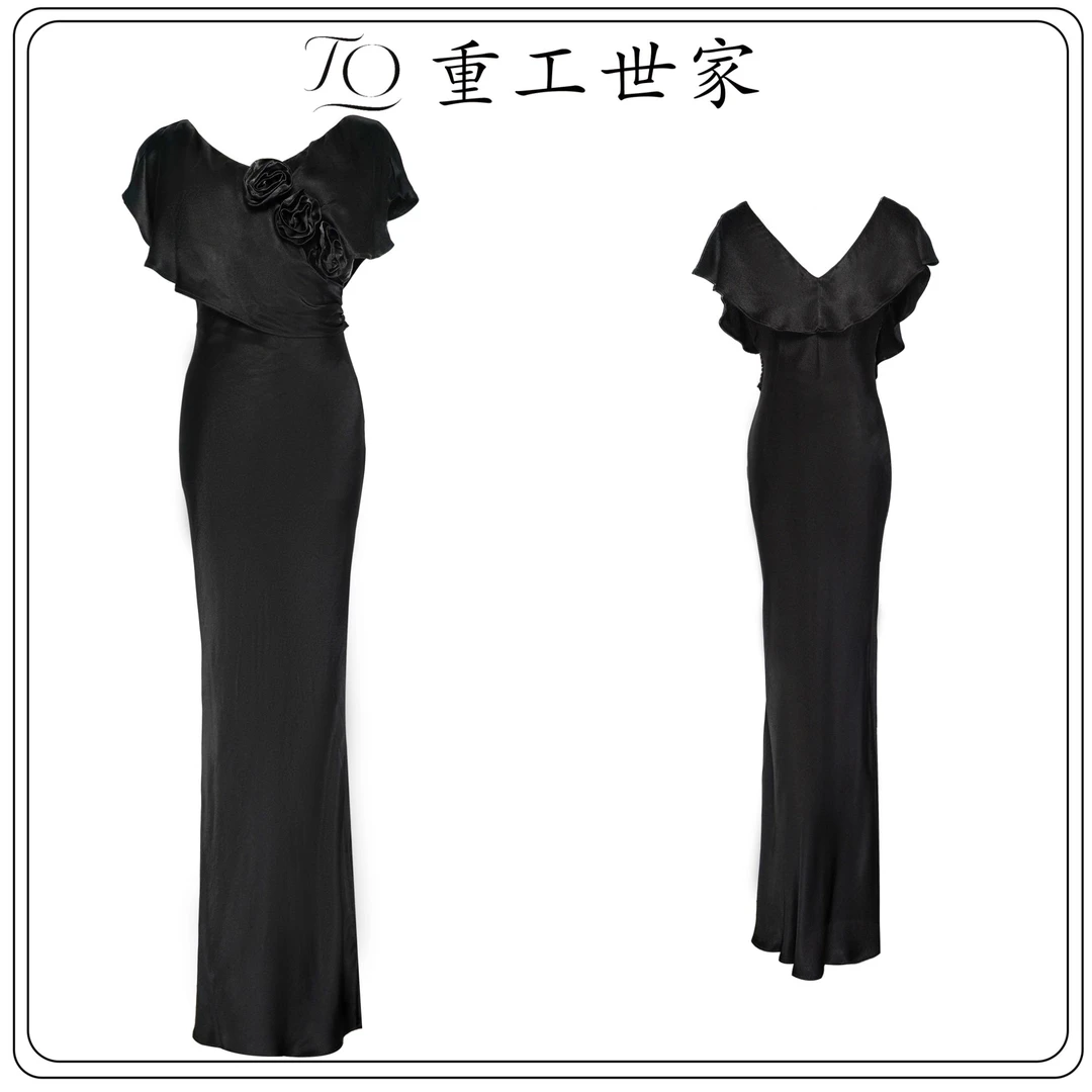 重工玫瑰花语高奢V领氛围感时尚洋气连衣裙73-MP240900139