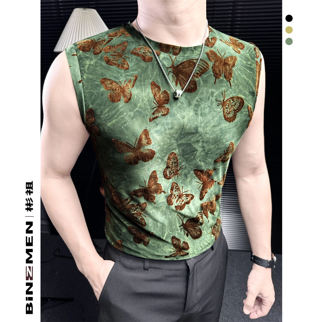 油画风蝴蝶印花无袖背心男款爆款2025新款夏季薄款透气凉感男T恤