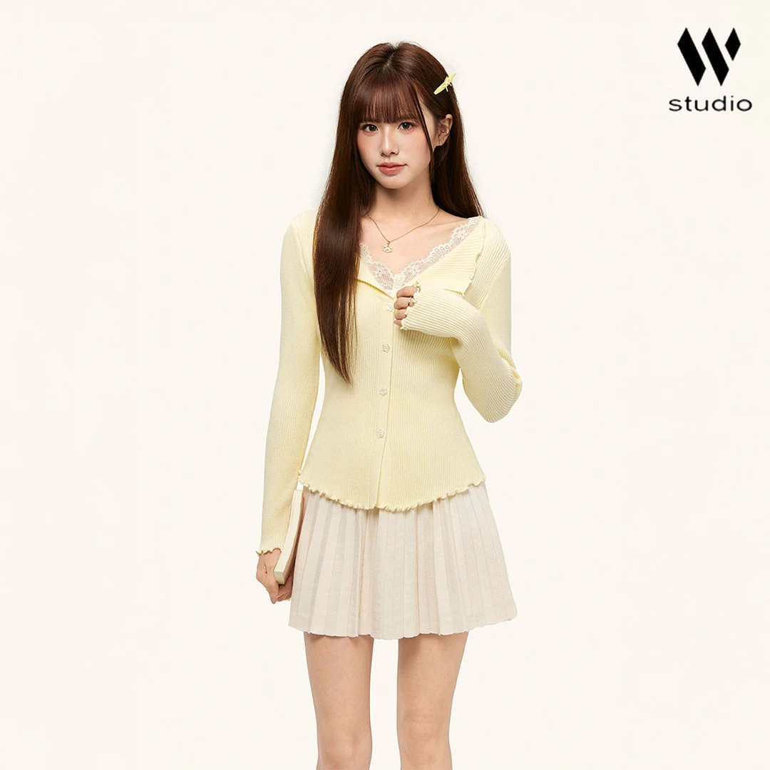 9334甜美风假两件上衣蕾丝针织开衫女装秋冬大码胖mm收腰显瘦毛衣