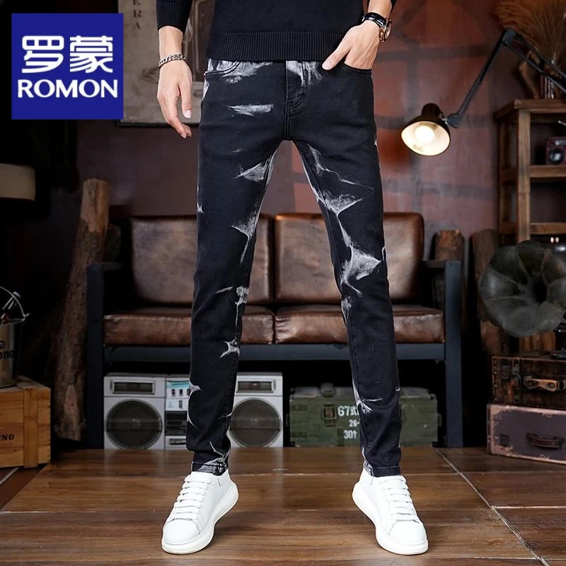 罗蒙高端潮牌水墨印花牛仔裤2025新款男秋冬小脚修身弹力潮流百搭