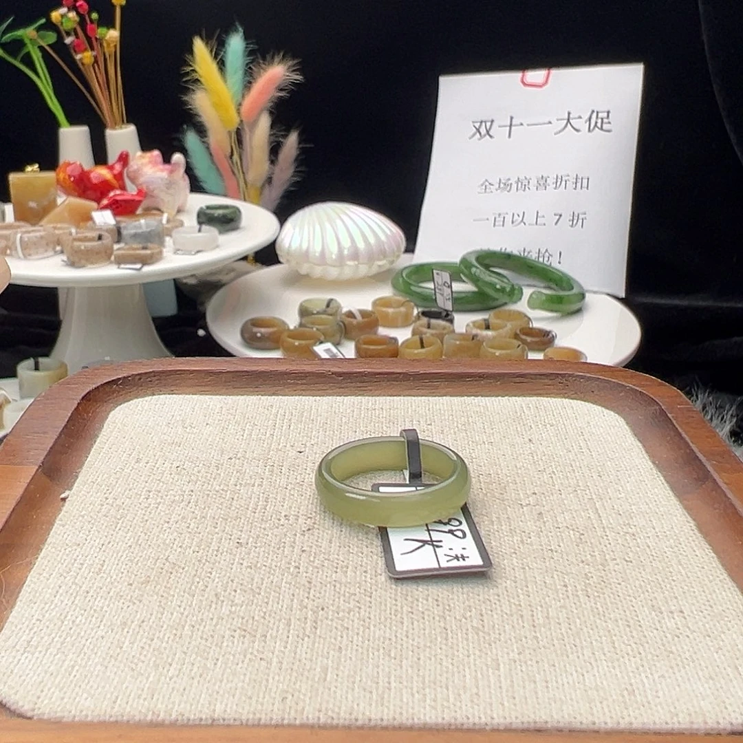和田玉（糖玉）未镶嵌戒指k116 菠菜绿细条 17.1 不退换