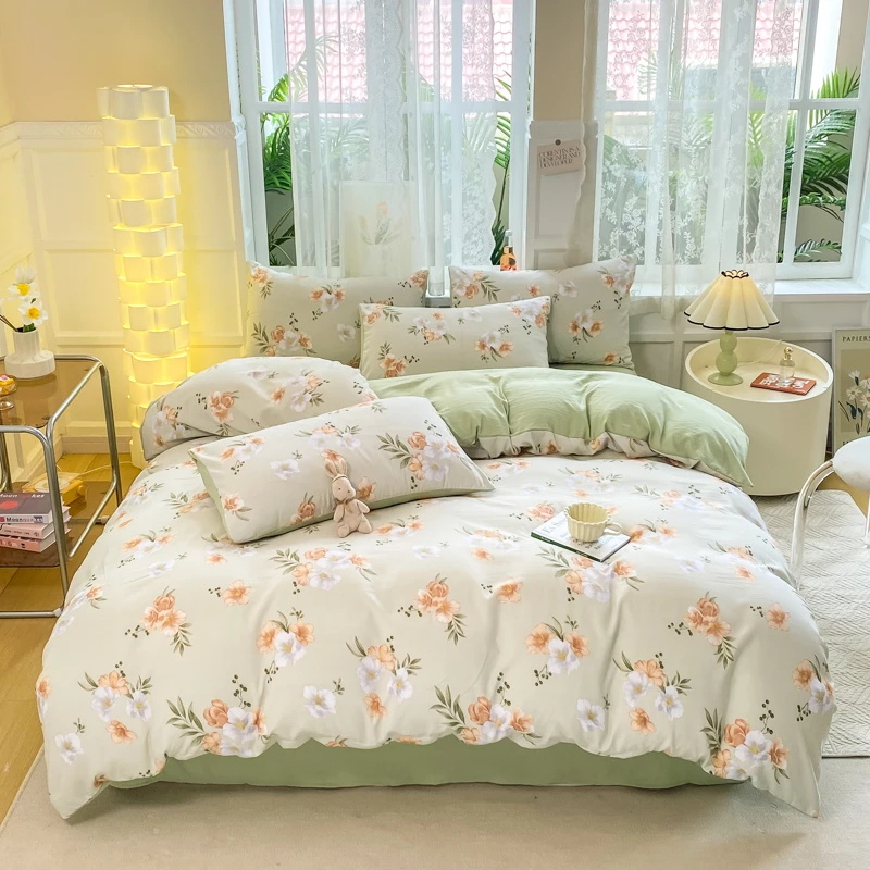 四季款小清新水洗棉加厚款秋冬通用磨毛四件套学生三件套