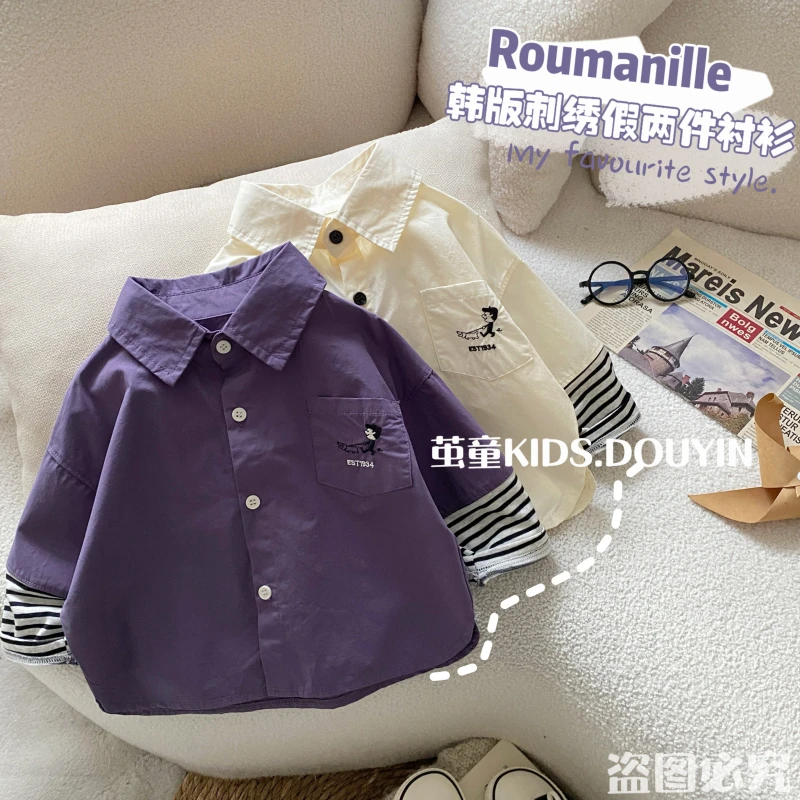 【麦麦妈】C043春季小童刺绣假两件衬衫春季新品男女宝宝休闲清爽