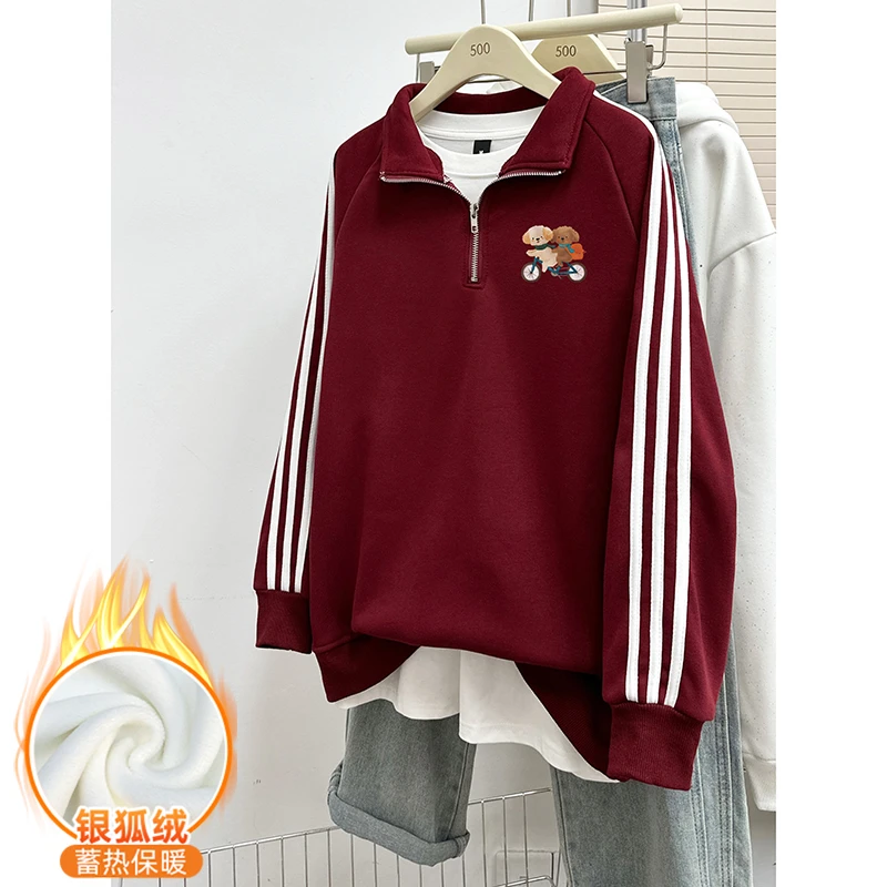 秋冬加绒三条杠半拉链polo领印花卫衣女宽松休闲百搭学院风上衣潮