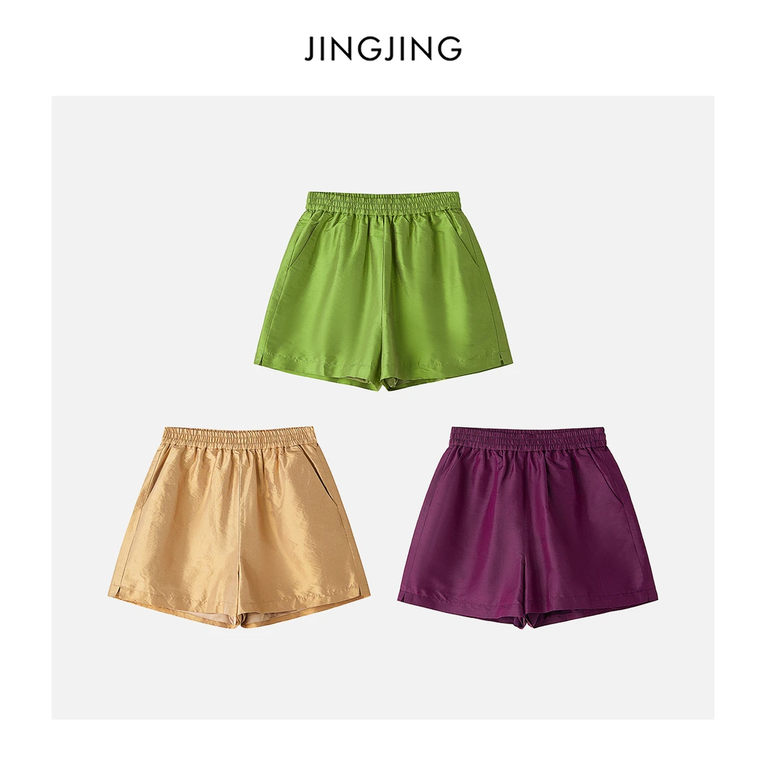 JINGJING2025新款“蚕丝裤”100桑蚕丝缎面光感双口袋松紧腰短裤