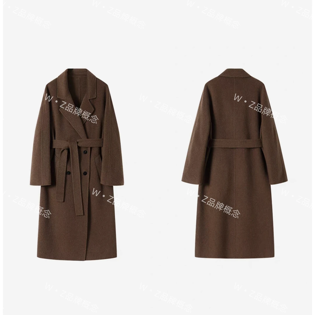 【W•Z】双排扣棕色羊毛大衣中长款新款双面呢气质大衣翻领简约