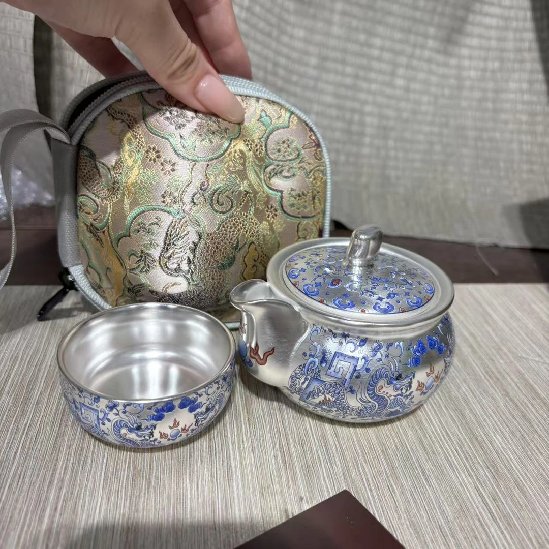 双龙戏珠鎏银手抓宝瓶旅行套1290