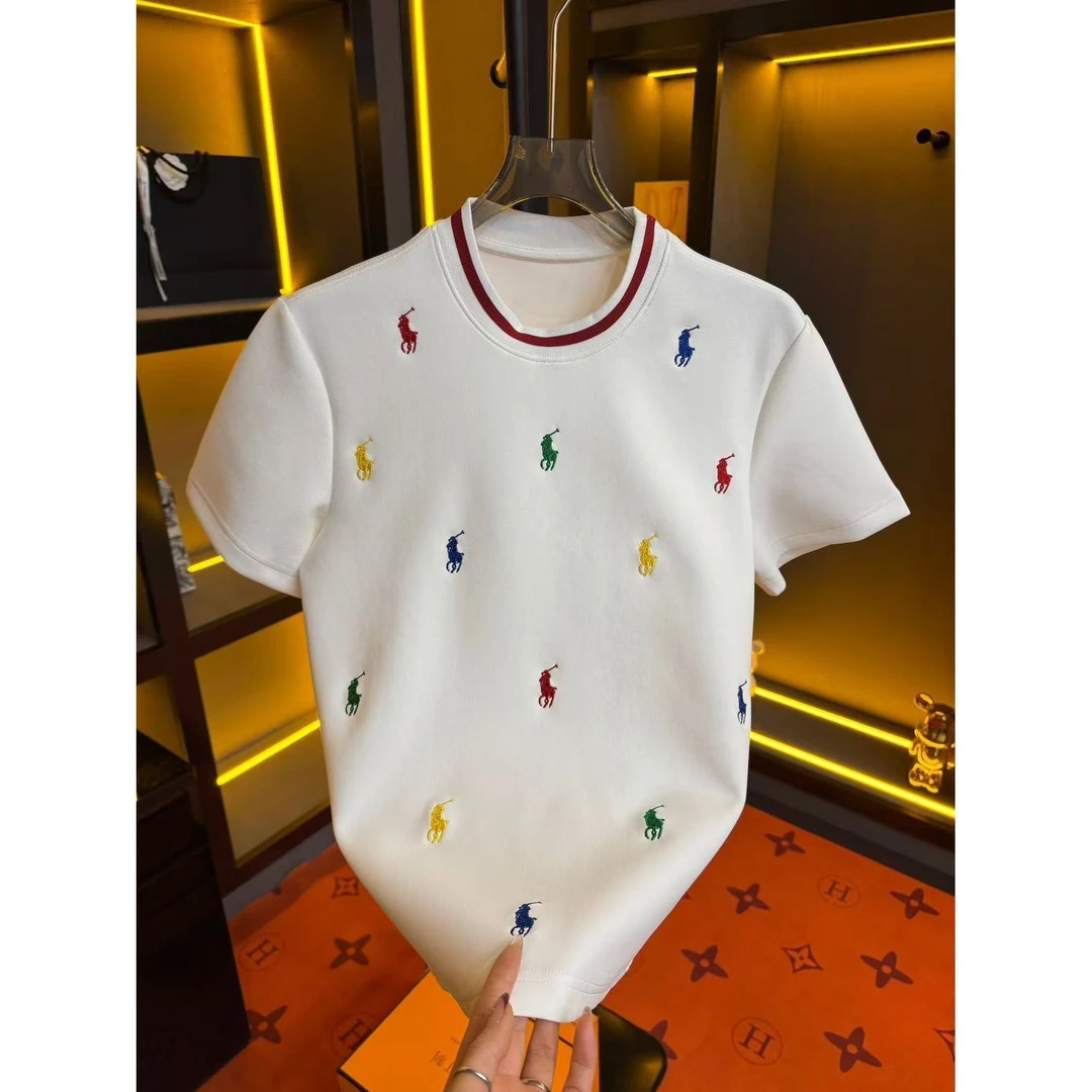 2025春季新款圓領男士輕奢休閑半袖修身设计師刺繡卫衣9086款