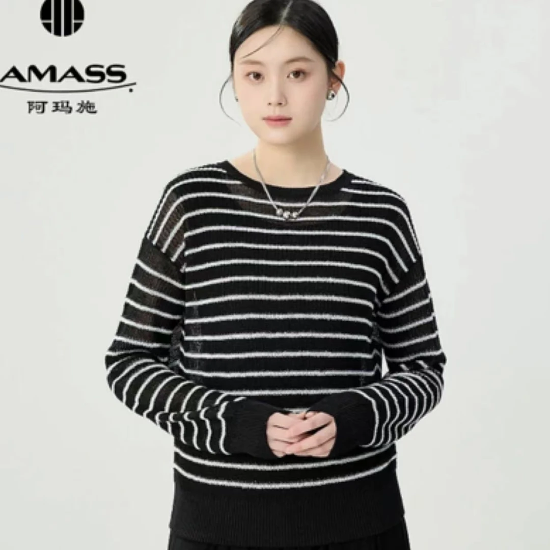 AMASS阿玛施春夏新款时尚洋气条纹长袖百搭圆领套头针织衫538025