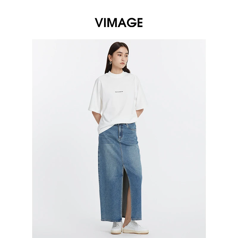 VIMAGE/纬漫纪夏季圆领白色百搭休闲T恤V2302915