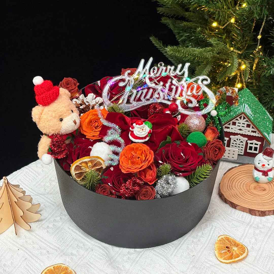 圣诞节新品小号套二圆形礼盒平安夜苹果花束材料礼品盒花店资材