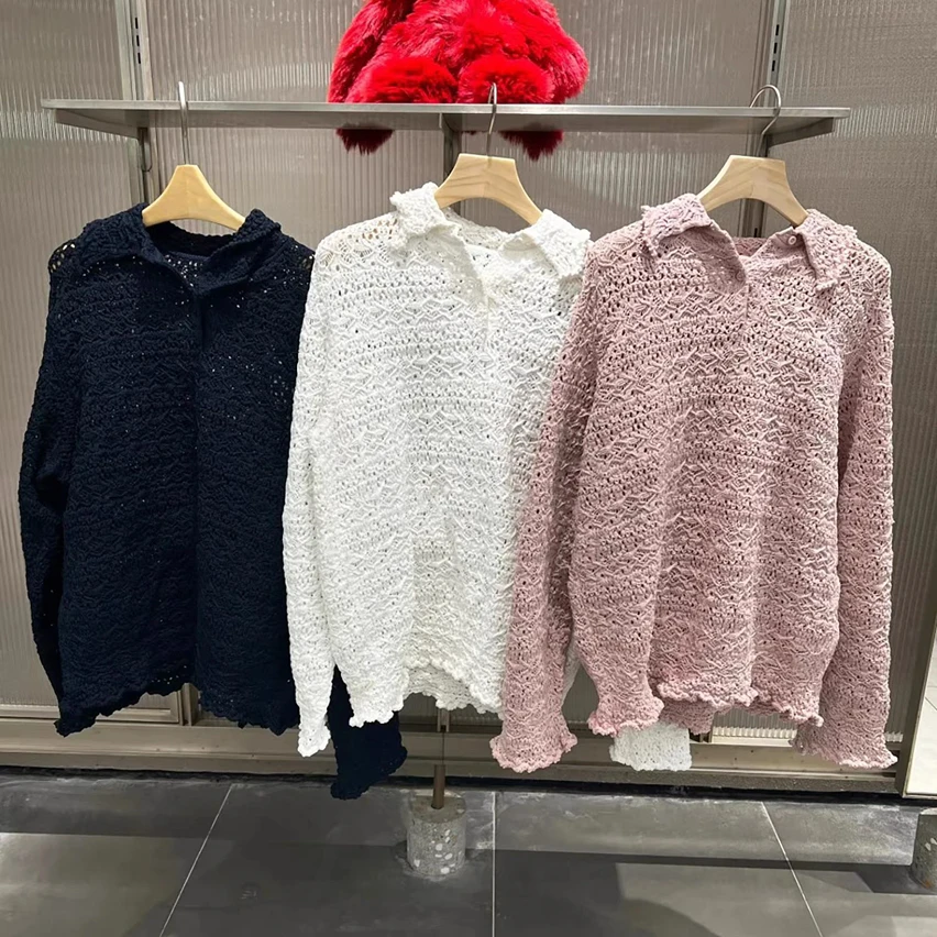 2026春新款韩系娃娃领镂空针织衫女长袖宽松毛衣【6017】