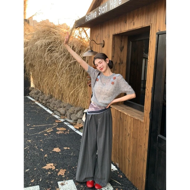 【赵小小&织物之美】16265 小香风灰色软糯毛衣短袖针织衫气质上衣