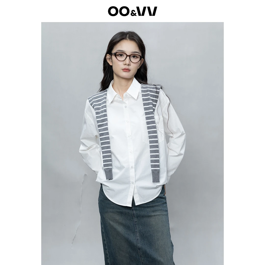 OO&VV翻领成人上衣披肩领宽松黑白时尚长袖衬衫白色条纹春季衬衣