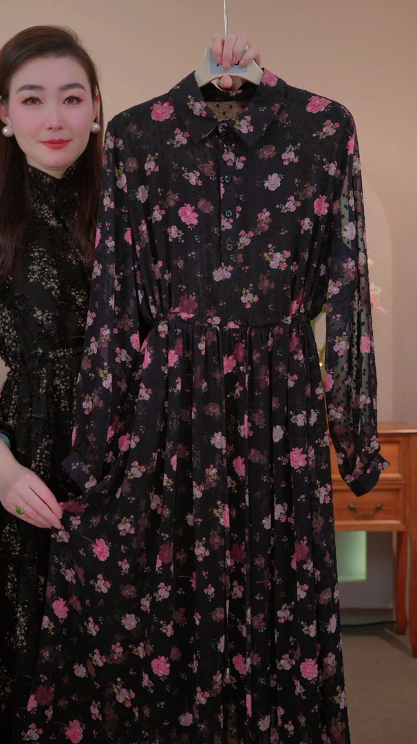 【人面桃花】>女装长袖裙子连衣裙名媛法式收腰显瘦气质连衣裙
