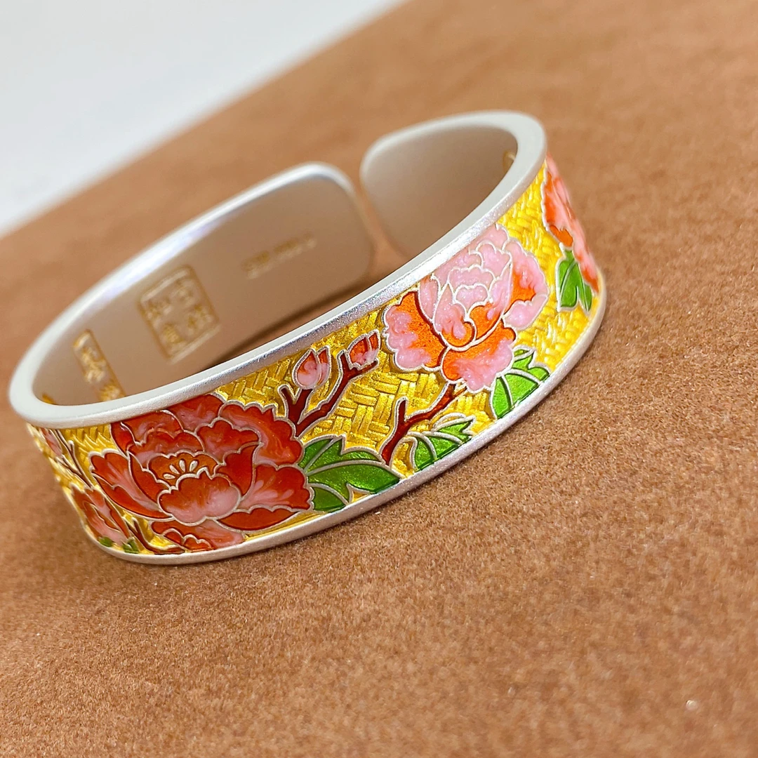 足银手镯 30-40岁银手镯999.9纯银国风描金珐琅彩牡丹银镯子实心.