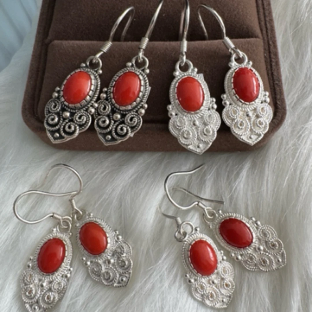 足银耳饰 足银手工镶嵌真旭日蒙古元素耳坠