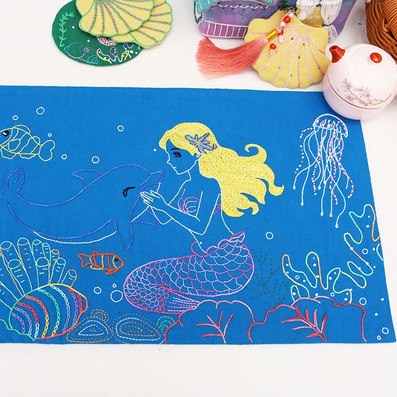 海底美人鱼刺子绣茶席杯垫材料包布艺DIY香囊手工置物垫29*50cm