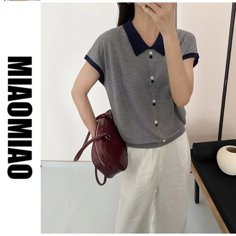 【天丝】811夏季薄款竹节麻短袖t恤针织衫女洋气减龄上衣冰丝