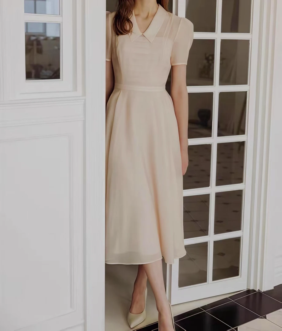 小吴夏季常规短袖衬衫领长裙连衣裙简约显瘦裙子轻奢收腰6026