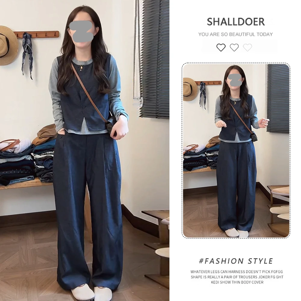 2025秋季新款无袖马甲打底衫阔腿裤三件套女士洋气高级感时尚套装