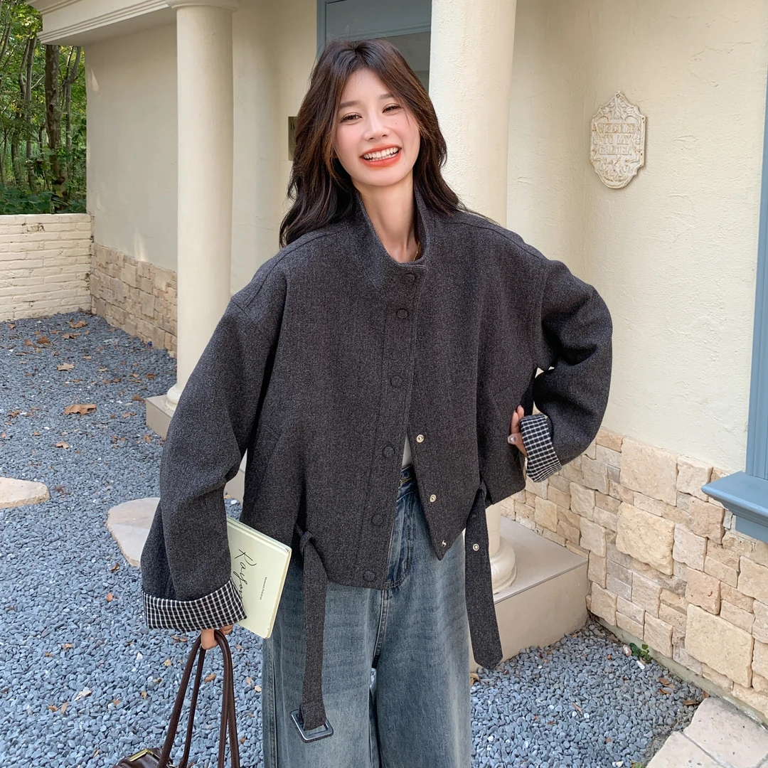 韩系复古格纹拼接短款外套女2025秋冬新款小个子气质休闲立领上衣