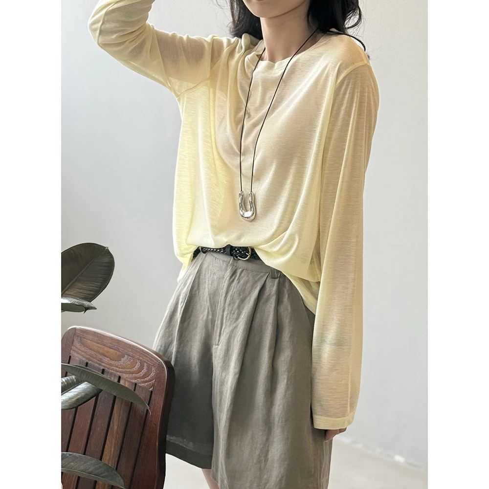 夏季显瘦百搭薄款短款长袖T恤女宽松慵懒风纯色韩版设计感打底衫P