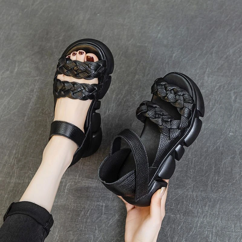 真软皮2025休闲夏季新款复古编织厚底凉鞋松糕时尚罗马女鞋