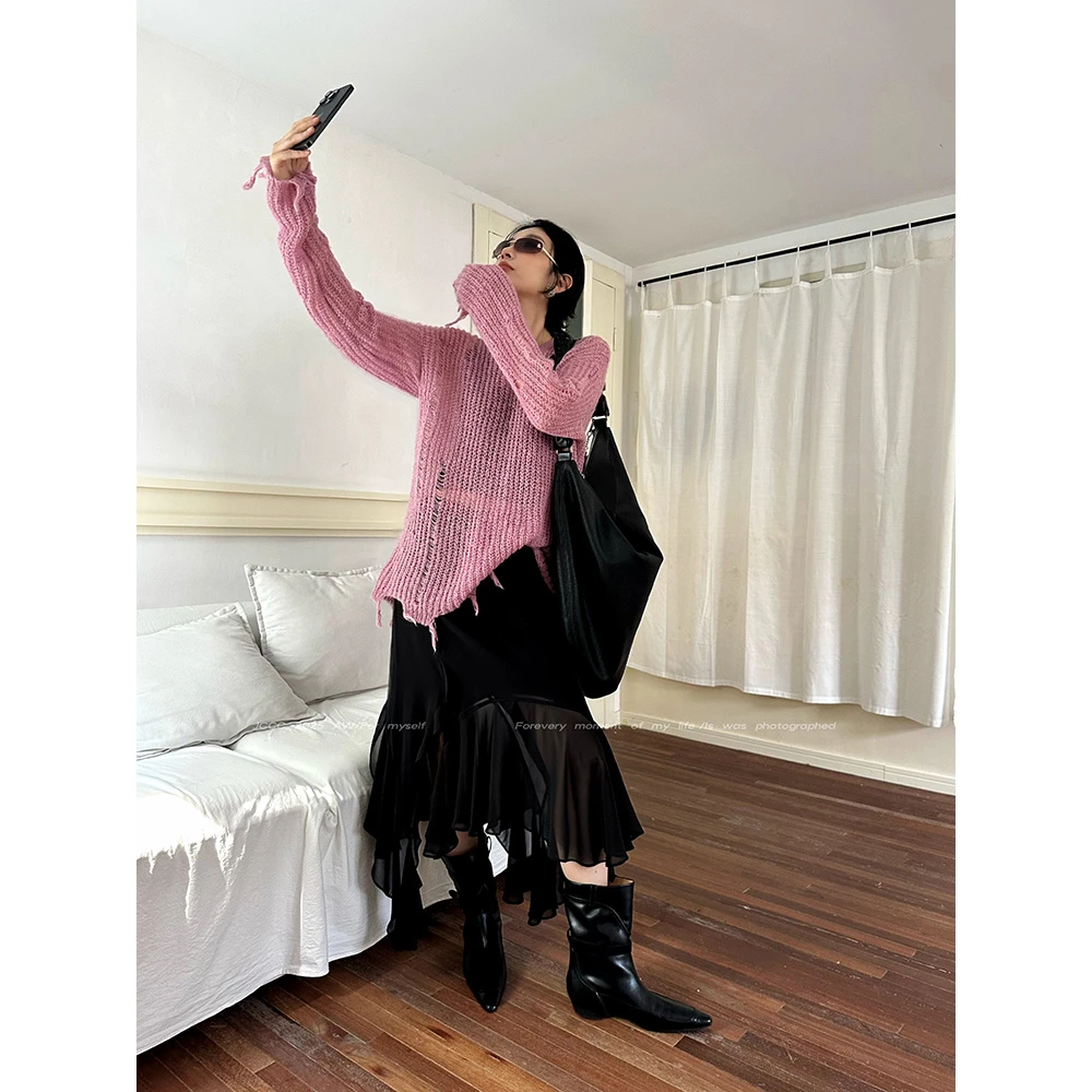 JCCC影子【粉面含秋】粉色薄款破洞镂空针织上衣JE4LBS13