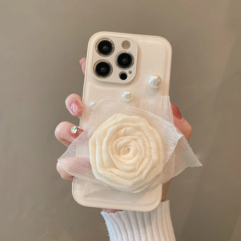 春天玫瑰珍珠花朵适用iPhone16pro手机壳15promax苹果14/13趣味12