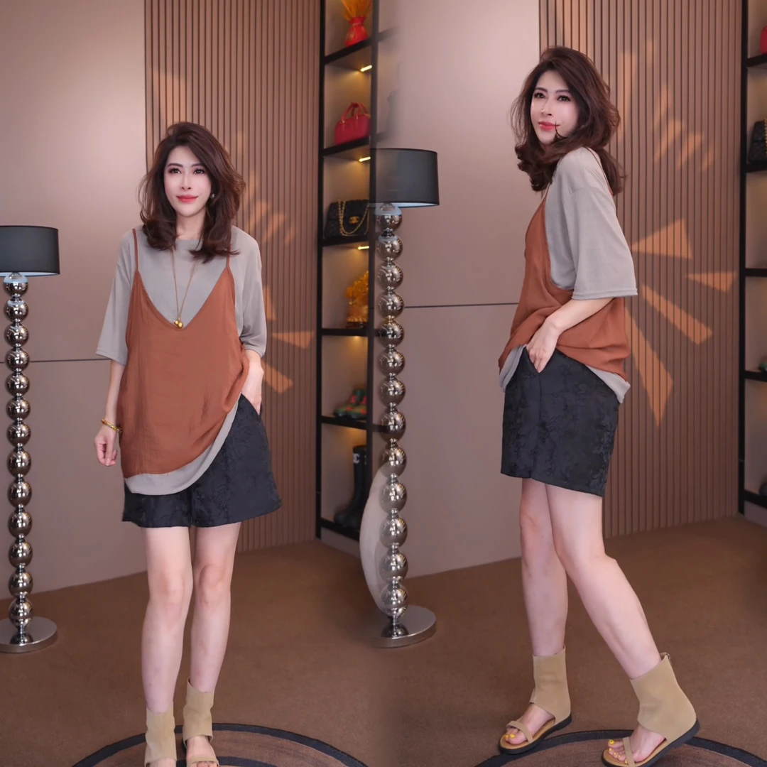 9189#《榜衣》韩版夏季新款拼色真两件套吊带短袖女T恤百搭休闲宽松