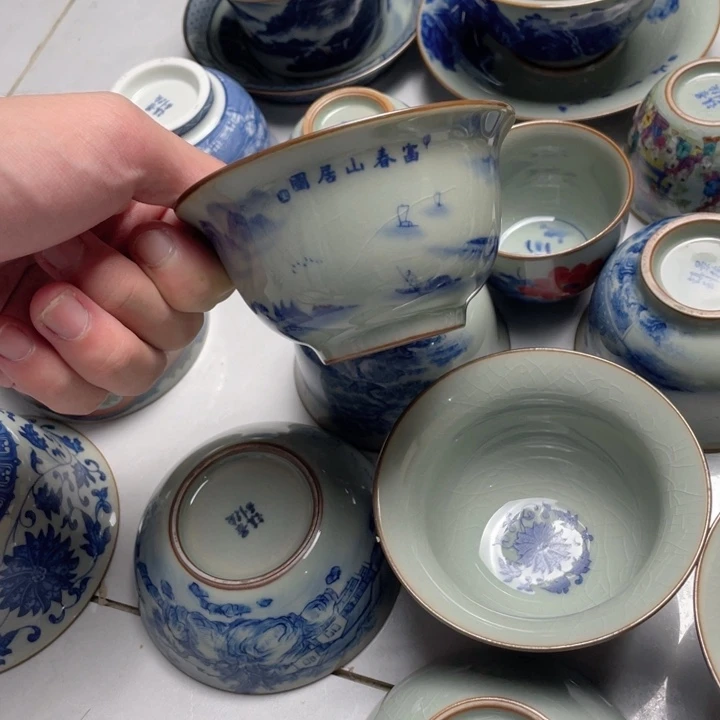 摆件青花富春山居图压手杯jjj