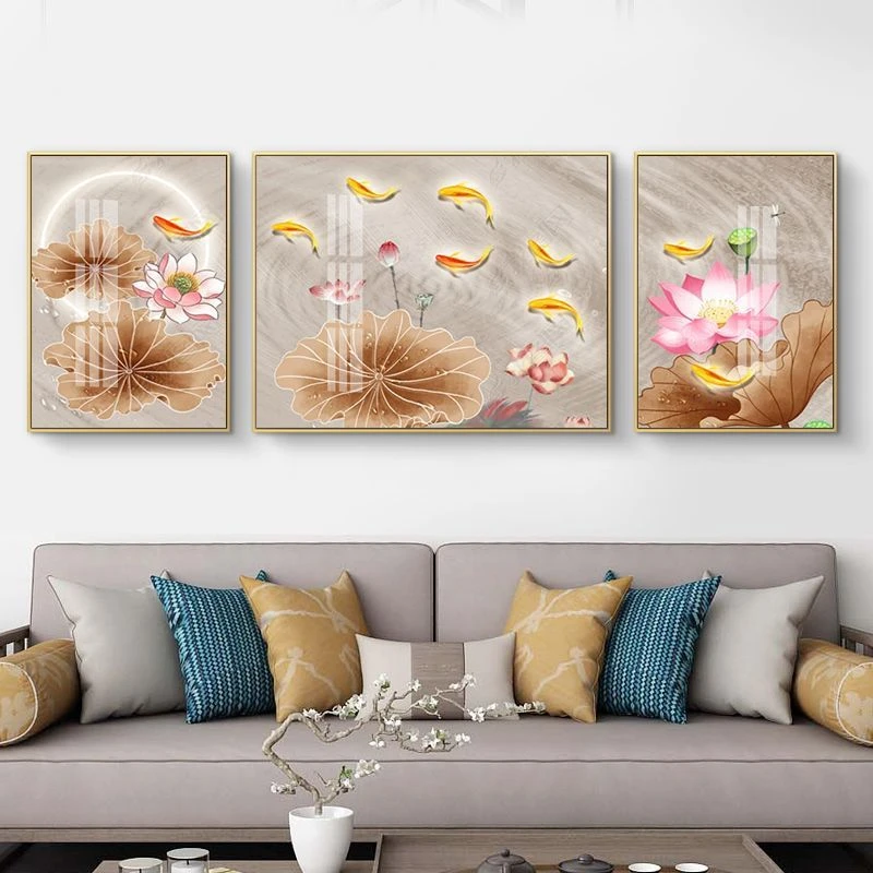 荷花九鱼图客厅装饰画新中式沙发背景墙挂画大气三联画轻奢墙壁画