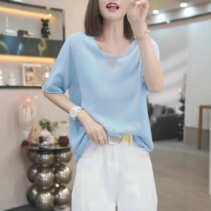 爆款镂空针织衫女2025夏季新款设计感V领短袖t恤上衣韩系薄款小衫