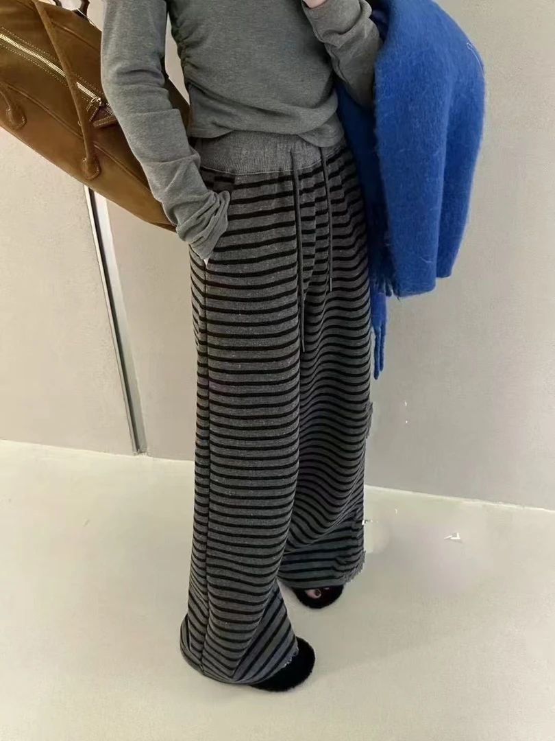 7218女士春季薄款条纹阔腿高腰直筒休闲裤 （裤长105CM左右）