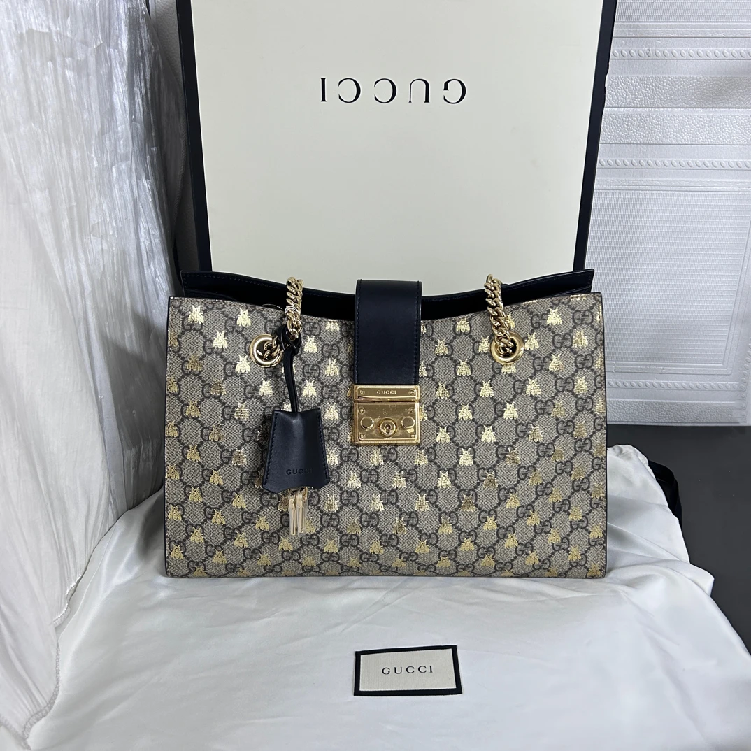 99新 GUCCI/古驰 99新带膜小蜜蜂烫金大号链条单肩包