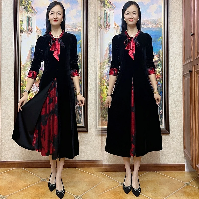 气质显瘦连衣裙女时尚新款中老年加厚飘带领长袖收腰裙子