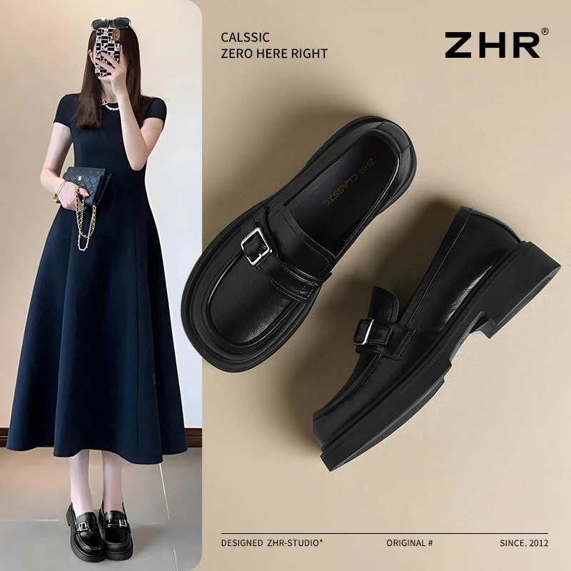 ZHR则则乐福鞋女春季新款厚底一脚蹬皮鞋配裙子软底粗跟单鞋女款
