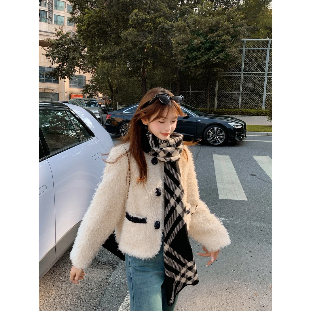 切糕自制【织就温暖】小个子女秋冬慵懒洋气高贵夹棉小香风毛毛外套