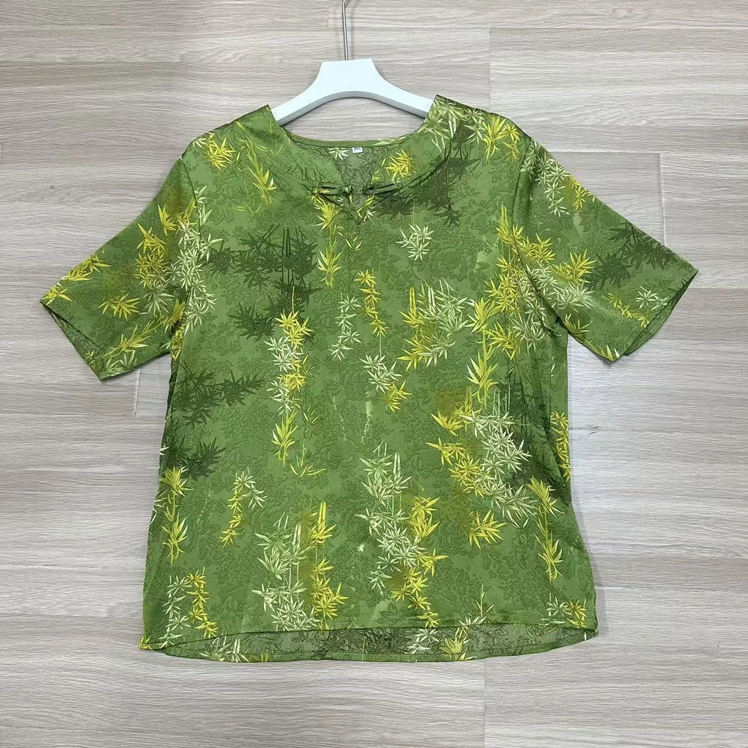8946-百搭衬衫中老年女装复古设计师圆领夏季时尚提花