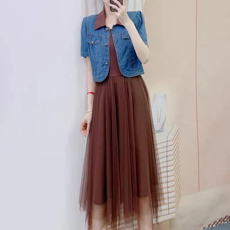 T070夏季时尚圆领拼接纱裙牛仔小外套两件套套裙DM7