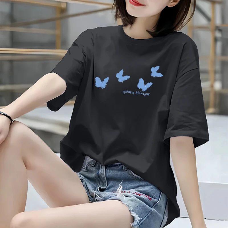 纯棉灰色蝴蝶印花短袖t恤女夏季爆款宽松韩系美式半袖大码上衣服