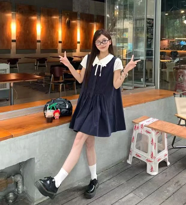 套头夏季jk学院风短袖裙子甜美减龄大码连衣裙9289