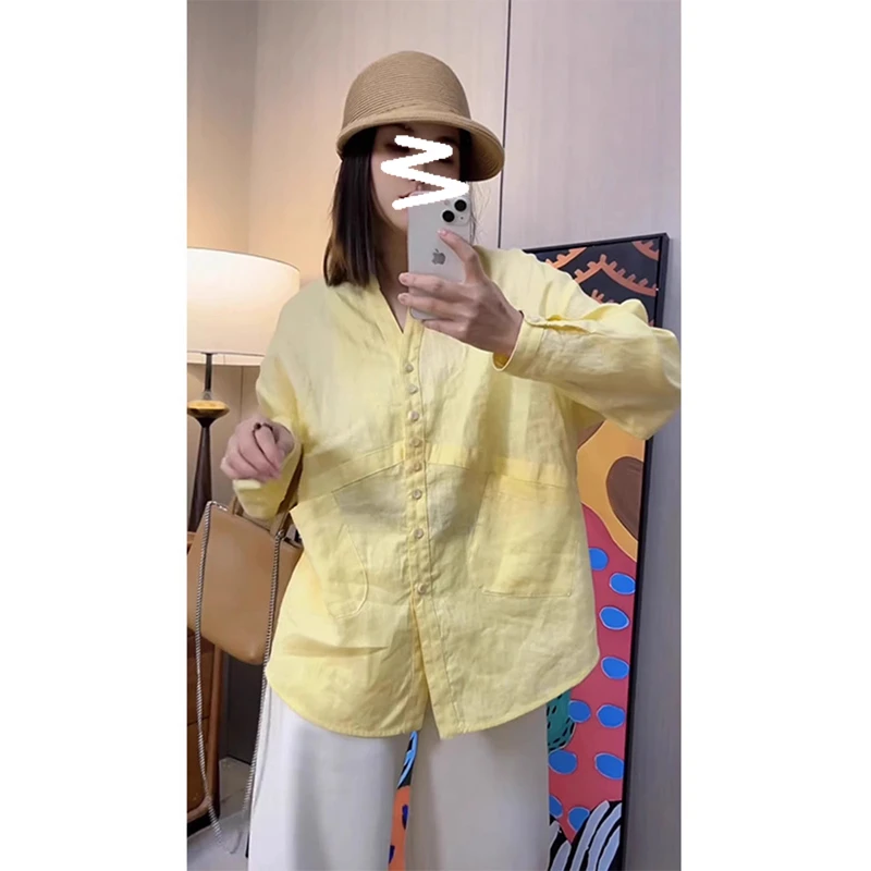 休闲风宽松亚麻衬衫女2025春季新款慵懒宽松简约上衣百搭女装衬衣