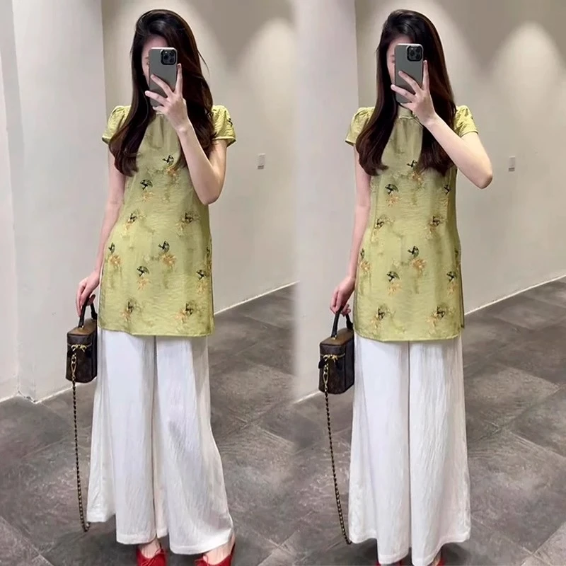 拉夏贝尔温柔风复古气质套装夏季新中式改良旗袍上衣阔腿裤两件套