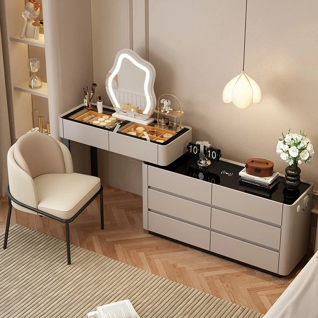 2025新款实木智能梳妆台卧室现代简约奶油风转角化妆桌斗柜一体