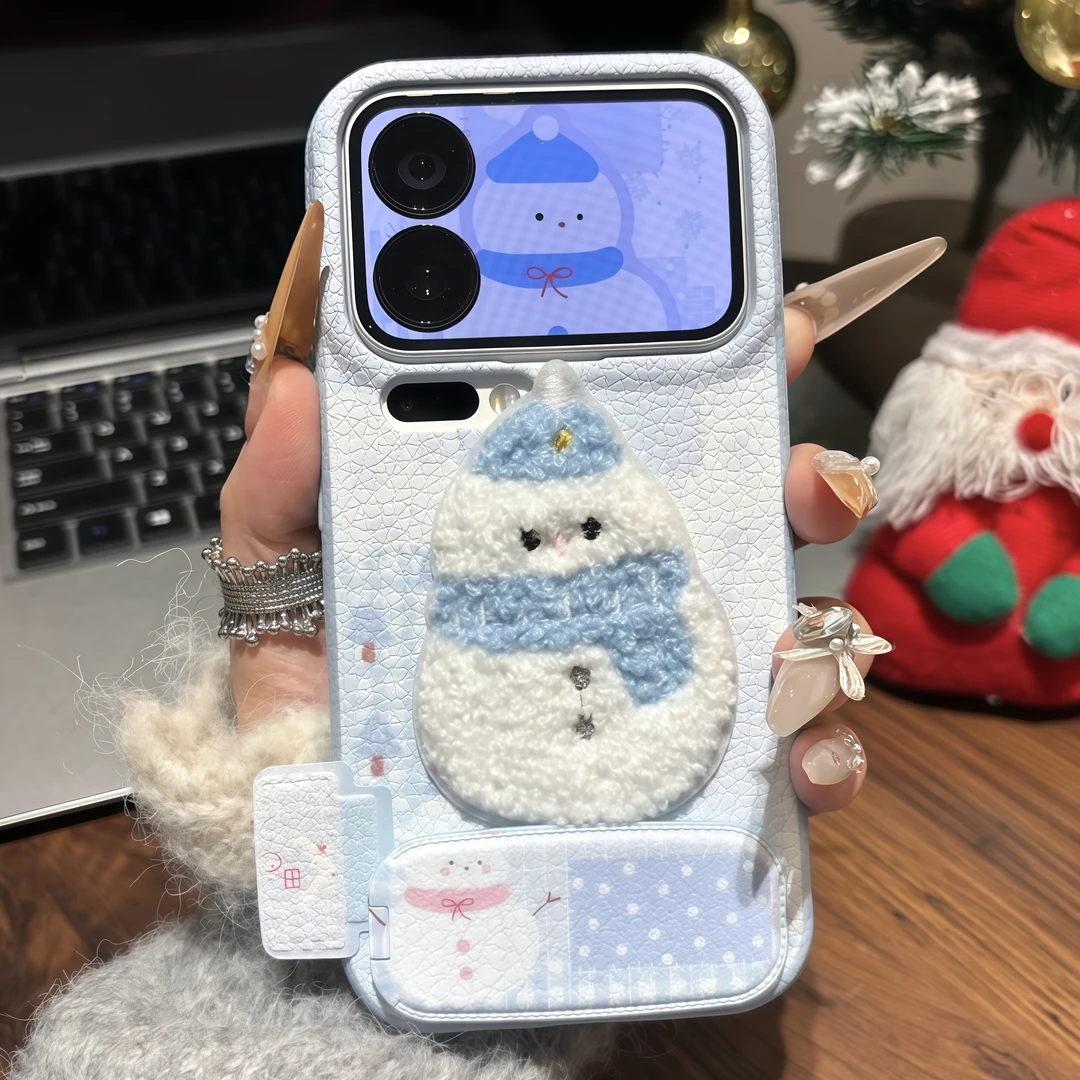 冬日刺绣雪人支架适用苹果17/16promax手机壳华为vivoppo小米一加