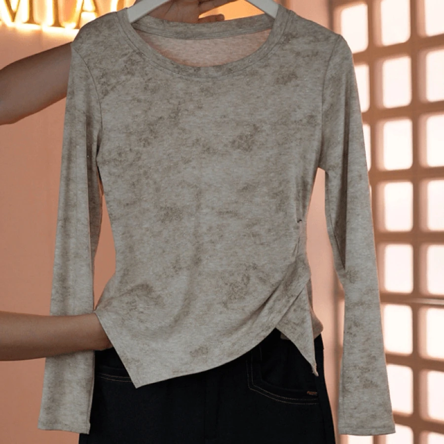 3748不规则设计晕染长袖t恤2025早秋新款修身百搭显瘦打底衫上衣