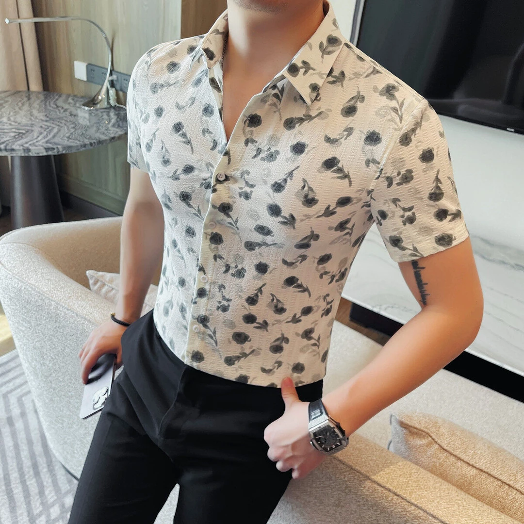 印花衬衫男款短袖痞帅高级感时尚潮牌男装夏季高贵上档次男士衬衣