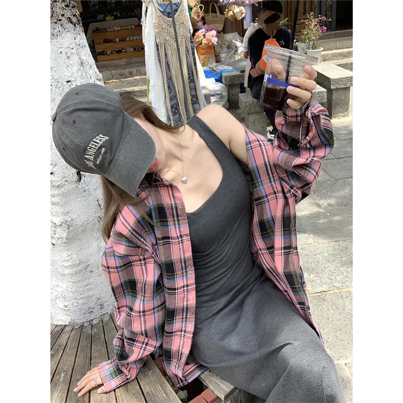 慵懒风粉色格子衬衫外套女春季复古bm风休闲宽松防晒衫上衣